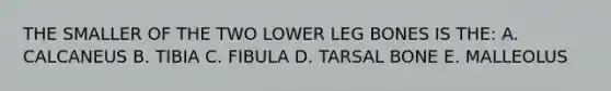 THE SMALLER OF THE TWO LOWER LEG BONES IS THE: A. CALCANEUS B. TIBIA C. FIBULA D. TARSAL BONE E. MALLEOLUS