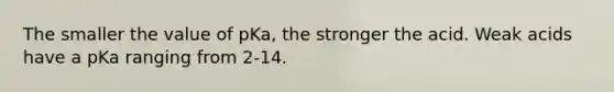 The smaller the value of pKa, the stronger the acid. Weak acids have a pKa ranging from 2-14.