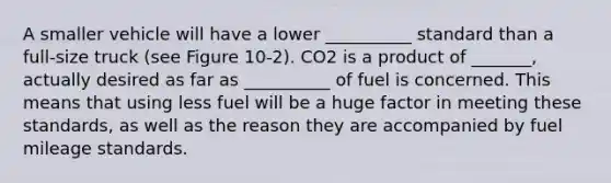 A smaller vehicle will have a lower __________ standard than a full-size truck (see Figure 10-2). CO2 is a product of _______, actually desired as far as __________ of fuel is concerned. This means that using less fuel will be a huge factor in meeting these standards, as well as the reason they are accompanied by fuel mileage standards.