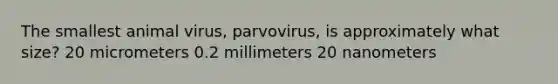 The smallest animal virus, parvovirus, is approximately what size? 20 micrometers 0.2 millimeters 20 nanometers