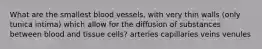 What are the smallest blood vessels, with very thin walls (only tunica intima) which allow for the diffusion of substances between blood and tissue cells? arteries capillaries veins venules