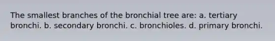 The smallest branches of the bronchial tree are: a. tertiary bronchi. b. secondary bronchi. c. bronchioles. d. primary bronchi.