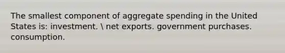 The smallest component of aggregate spending in the United States is: investment.  net exports. government purchases. consumption.