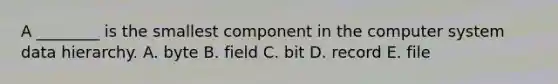 A​ ________ is the smallest component in the computer system data hierarchy. A. byte B. field C. bit D. record E. file