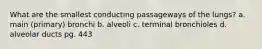 What are the smallest conducting passageways of the lungs? a. main (primary) bronchi b. alveoli c. terminal bronchioles d. alveolar ducts pg. 443