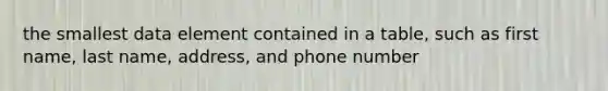 the smallest data element contained in a table, such as first name, last name, address, and phone number