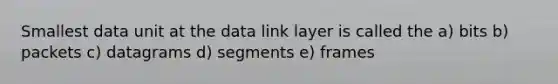 Smallest data unit at the data link layer is called the a) bits b) packets c) datagrams d) segments e) frames