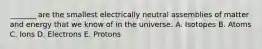 _______ are the smallest electrically neutral assemblies of matter and energy that we know of in the universe. A. Isotopes B. Atoms C. Ions D. Electrons E. Protons