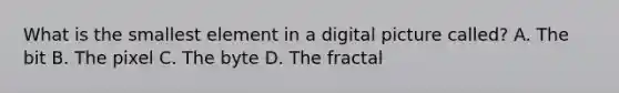 What is the smallest element in a digital picture called? A. The bit B. The pixel C. The byte D. The fractal