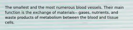 The smallest and the most numerous blood vessels. Their main function is the exchange of materials-- gases, nutrients, and waste products of metabolism between the blood and tissue cells.