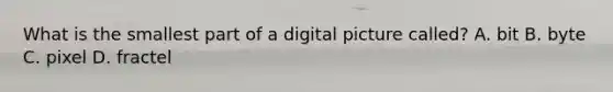 What is the smallest part of a digital picture called? A. bit B. byte C. pixel D. fractel