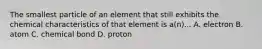 The smallest particle of an element that still exhibits the chemical characteristics of that element is a(n)... A. electron B. atom C. chemical bond D. proton