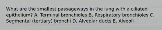 What are the smallest passageways in the lung with a ciliated epithelium? A. Terminal bronchioles B. Respiratory bronchioles C. Segmental (tertiary) bronchi D. Alveolar ducts E. Alveoli