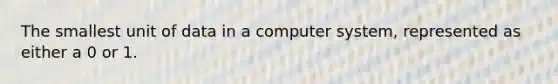 The smallest unit of data in a computer system, represented as either a 0 or 1.