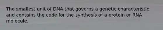 The smallest unit of DNA that governs a genetic characteristic and contains the code for the synthesis of a protein or RNA molecule.