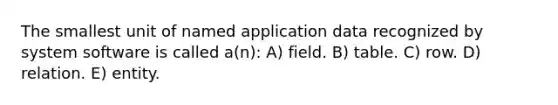 The smallest unit of named application data recognized by system software is called a(n): A) field. B) table. C) row. D) relation. E) entity.