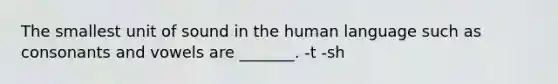 The smallest unit of sound in the human language such as consonants and vowels are _______. -t -sh