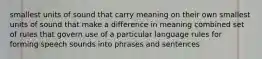 smallest units of sound that carry meaning on their own smallest units of sound that make a difference in meaning combined set of rules that govern use of a particular language rules for forming speech sounds into phrases and sentences