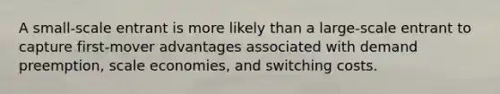 A small-scale entrant is more likely than a large-scale entrant to capture first-mover advantages associated with demand preemption, scale economies, and switching costs.