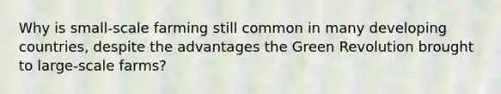 Why is small-scale farming still common in many developing countries, despite the advantages the Green Revolution brought to large-scale farms?