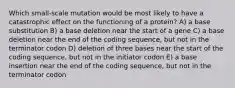 Which small-scale mutation would be most likely to have a catastrophic effect on the functioning of a protein? A) a base substitution B) a base deletion near the start of a gene C) a base deletion near the end of the coding sequence, but not in the terminator codon D) deletion of three bases near the start of the coding sequence, but not in the initiator codon E) a base insertion near the end of the coding sequence, but not in the terminator codon