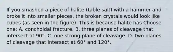 If you smashed a piece of halite (table salt) with a hammer and broke it into smaller pieces, the broken crystals would look like cubes (as seen in the figure). This is because halite has Choose one: A. conchoidal fracture. B. three planes of cleavage that intersect at 90°. C. one strong plane of cleavage. D. two planes of cleavage that intersect at 60° and 120°.