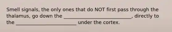 Smell signals, the only ones that do NOT first pass through the thalamus, go down the ____________________________, directly to the _________________________ under the cortex.