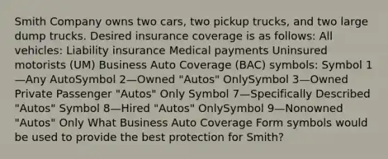 Smith Company owns two cars, two pickup trucks, and two large dump trucks. Desired insurance coverage is as follows: All vehicles: Liability insurance Medical payments Uninsured motorists (UM) Business Auto Coverage (BAC) symbols: Symbol 1—Any AutoSymbol 2—Owned "Autos" OnlySymbol 3—Owned Private Passenger "Autos" Only Symbol 7—Specifically Described "Autos" Symbol 8—Hired "Autos" OnlySymbol 9—Nonowned "Autos" Only What Business Auto Coverage Form symbols would be used to provide the best protection for Smith?