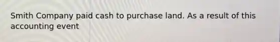 Smith Company paid cash to purchase land. As a result of this accounting event