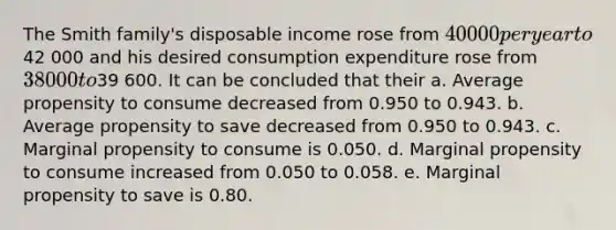 The Smith family's disposable income rose from 40 000 per year to42 000 and his desired consumption expenditure rose from 38 000 to39 600. It can be concluded that their a. Average propensity to consume decreased from 0.950 to 0.943. b. Average propensity to save decreased from 0.950 to 0.943. c. Marginal propensity to consume is 0.050. d. Marginal propensity to consume increased from 0.050 to 0.058. e. Marginal propensity to save is 0.80.