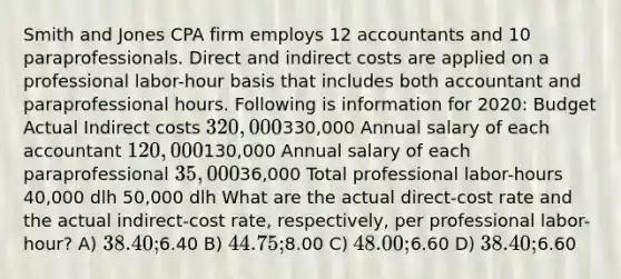 Smith and Jones CPA firm employs 12 accountants and 10 paraprofessionals. Direct and indirect costs are applied on a professional labor-hour basis that includes both accountant and paraprofessional hours. Following is information for 2020: Budget Actual Indirect costs 320,000330,000 Annual salary of each accountant 120,000130,000 Annual salary of each paraprofessional 35,00036,000 Total professional labor-hours 40,000 dlh 50,000 dlh What are the actual direct-cost rate and the actual indirect-cost rate, respectively, per professional labor-hour? A) 38.40;6.40 B) 44.75;8.00 C) 48.00;6.60 D) 38.40;6.60