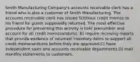 Smith Manufacturing Company's accounts receivable clerk has a friend who is also a customer of Smith Manufacturing. The accounts receivable clerk has issued fictitious credit memos to his friend for goods supposedly returned. The most effective procedure for preventing this activity is toA) prenumber and account for all credit memorandums. B) require receiving reports that provide evidence of returned inventory items to support all credit memorandums before they are approved.C) have independent sales and accounts receivable departments.D) mail monthly statements to customers.