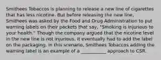 Smithees Tobaccos is planning to release a new line of cigarettes that has less nicotine. But before releasing the new line, Smithees was asked by the Food and Drug Administration to put warning labels on their packets that say, "Smoking is injurious to your health." Though the company argued that the nicotine level in the new line is not injurious, it eventually had to add the label on the packaging. In this scenario, Smithees Tobaccos adding the warning label is an example of a ___________ approach to CSR.