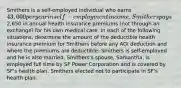 Smithers is a self-employed individual who earns 43,000 per year in self-employment income. Smithers pays2,650 in annual health insurance premiums (not through an exchange) for his own medical care. In each of the following situations, determine the amount of the deductible health insurance premium for Smithers before any AGI deduction and where the premiums are deductible. Smithers is self-employed and he is also married. Smithers's spouse, Samantha, is employed full time by SF Power Corporation and is covered by SF's health plan. Smithers elected not to participate in SF's health plan.