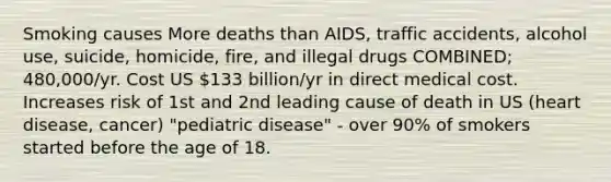 Smoking causes More deaths than AIDS, traffic accidents, alcohol use, suicide, homicide, fire, and illegal drugs COMBINED; 480,000/yr. Cost US 133 billion/yr in direct medical cost. Increases risk of 1st and 2nd leading cause of death in US (heart disease, cancer) "pediatric disease" - over 90% of smokers started before the age of 18.