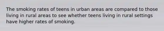 The smoking rates of teens in urban areas are compared to those living in rural areas to see whether teens living in rural settings have higher rates of smoking.