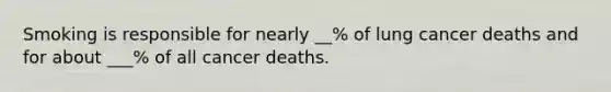 Smoking is responsible for nearly __% of lung cancer deaths and for about ___% of all cancer deaths.