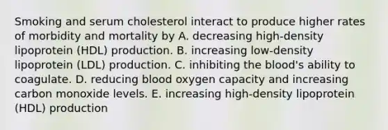 Smoking and serum cholesterol interact to produce higher rates of morbidity and mortality by A. decreasing high-density lipoprotein (HDL) production. B. increasing low-density lipoprotein (LDL) production. C. inhibiting the blood's ability to coagulate. D. reducing blood oxygen capacity and increasing carbon monoxide levels. E. increasing high-density lipoprotein (HDL) production