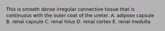 This is smooth dense irregular connective tissue that is continuous with the outer coat of the ureter. A. adipose capsule B. renal capsule C. renal hilus D. renal cortex E. renal medulla