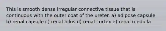 This is smooth dense irregular connective tissue that is continuous with the outer coat of the ureter. a) adipose capsule b) renal capsule c) renal hilus d) renal cortex e) renal medulla