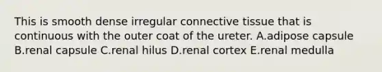 This is smooth dense irregular connective tissue that is continuous with the outer coat of the ureter. A.adipose capsule B.renal capsule C.renal hilus D.renal cortex E.renal medulla