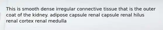 This is smooth dense irregular <a href='https://www.questionai.com/knowledge/kYDr0DHyc8-connective-tissue' class='anchor-knowledge'>connective tissue</a> that is the outer coat of the kidney. adipose capsule renal capsule renal hilus renal cortex renal medulla