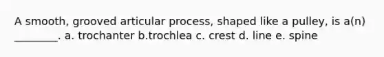 A smooth, grooved articular process, shaped like a pulley, is a(n) ________. a. trochanter b.trochlea c. crest d. line e. spine
