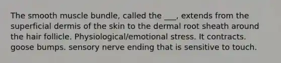 The smooth muscle bundle, called the ___, extends from the superficial dermis of the skin to the dermal root sheath around the hair follicle. Physiological/emotional stress. It contracts. goose bumps. sensory nerve ending that is sensitive to touch.