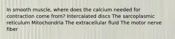 In smooth muscle, where does the calcium needed for contraction come from? Intercalated discs The sarcoplasmic reticulum Mitochondria The extracellular fluid The motor nerve fiber