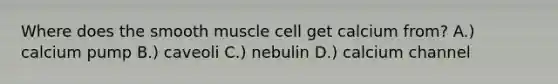 Where does the smooth muscle cell get calcium from? A.) calcium pump B.) caveoli C.) nebulin D.) calcium channel