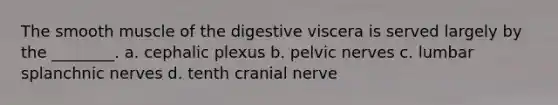 The smooth muscle of the digestive viscera is served largely by the ________. a. cephalic plexus b. pelvic nerves c. lumbar splanchnic nerves d. tenth cranial nerve