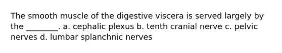 The smooth muscle of the digestive viscera is served largely by the ________. a. cephalic plexus b. tenth cranial nerve c. pelvic nerves d. lumbar splanchnic nerves