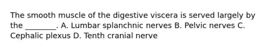 The smooth muscle of the digestive viscera is served largely by the ________. A. Lumbar splanchnic nerves B. Pelvic nerves C. Cephalic plexus D. Tenth cranial nerve