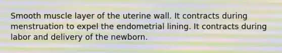 Smooth muscle layer of the uterine wall. It contracts during menstruation to expel the endometrial lining. It contracts during labor and delivery of the newborn.